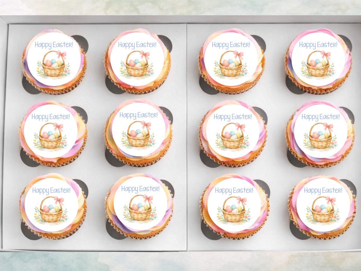 Happy Easter Edible Cupcake Toppers – Easter Basket Cake Decorations