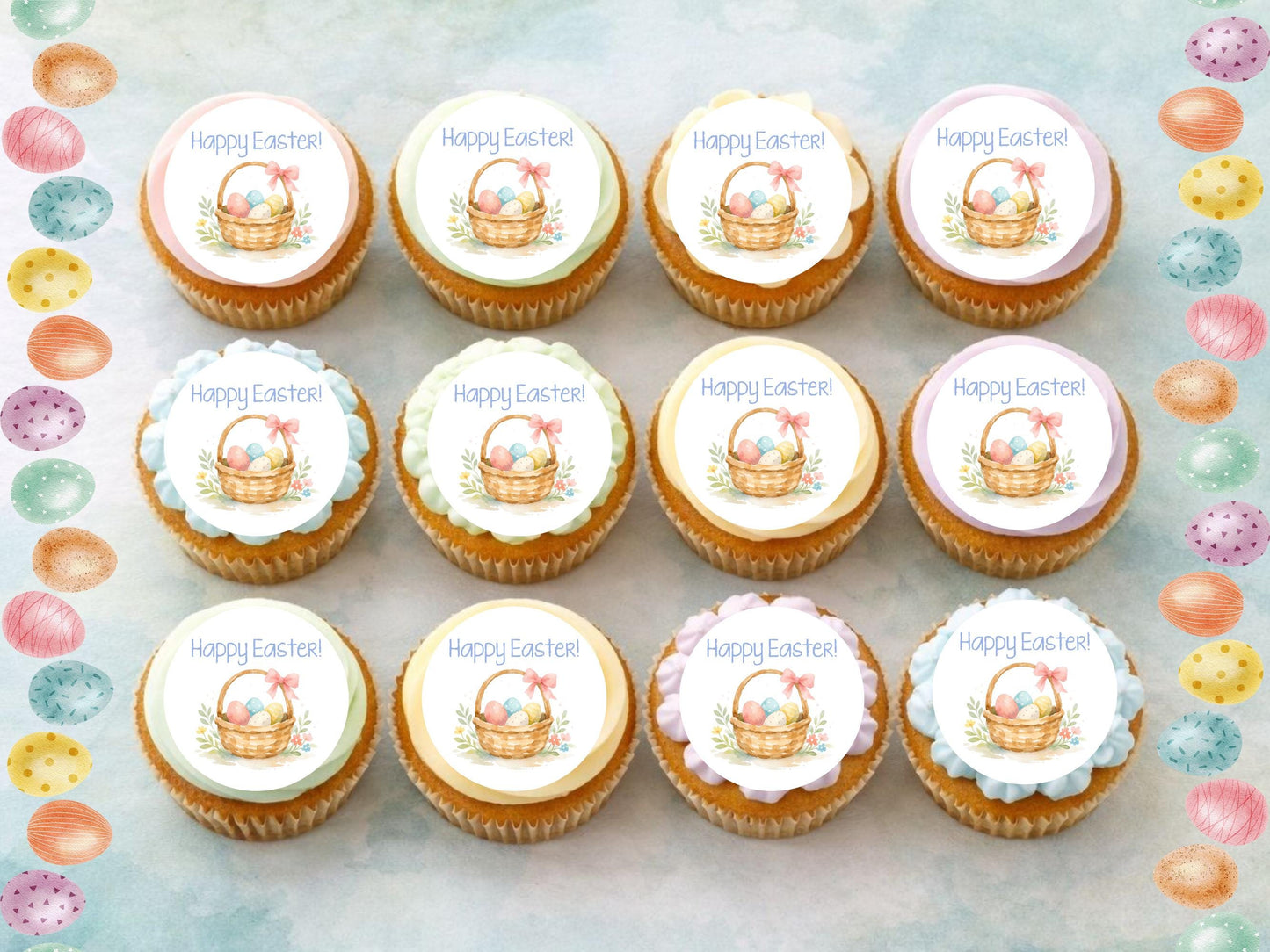 Happy Easter Edible Cupcake Toppers – Easter Basket Cake Decorations