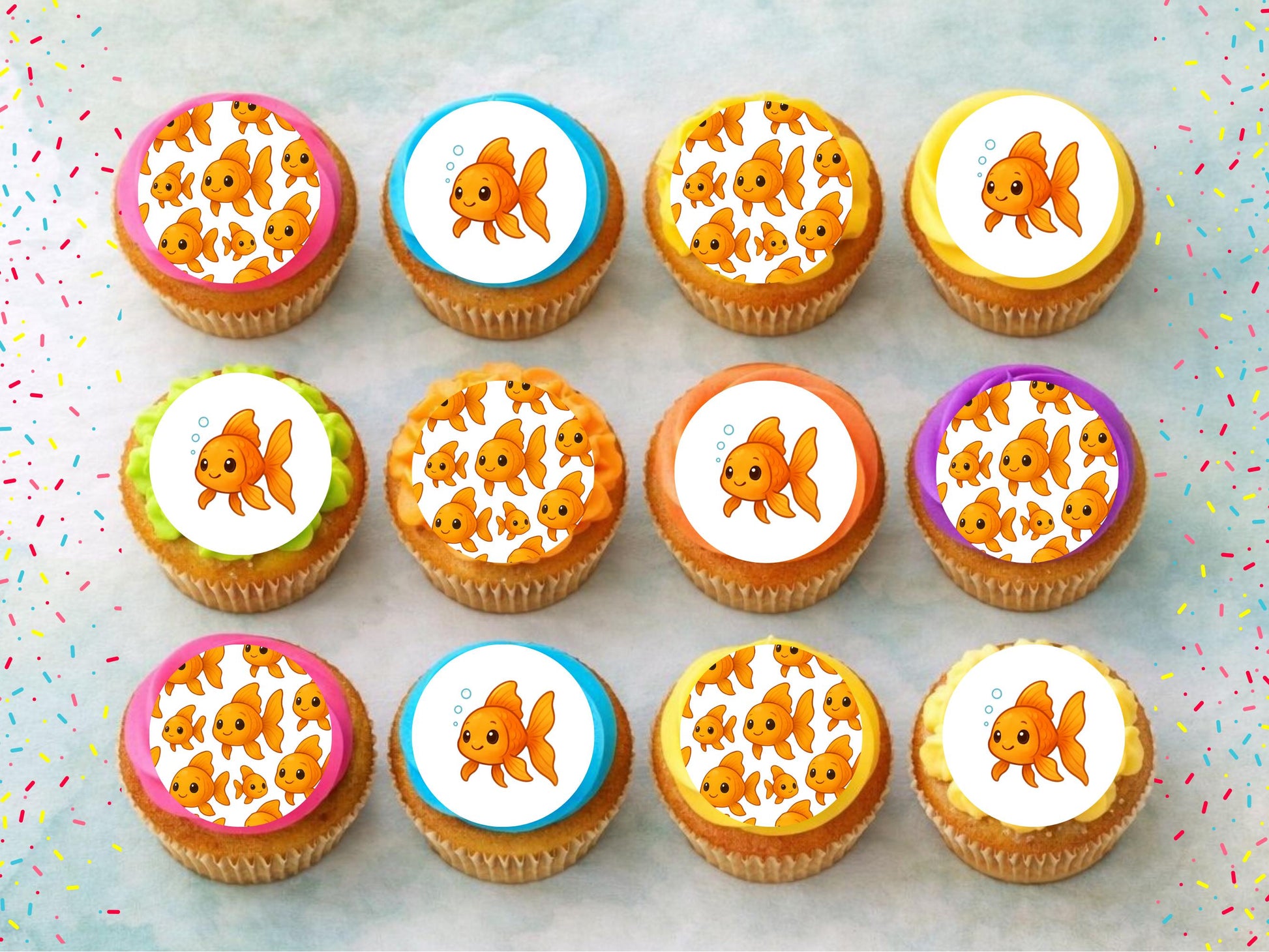 Cute Goldfish Edible Cupcake Toppers 12 x 2" Precut Wafer Paper, Card or Icing Sheet