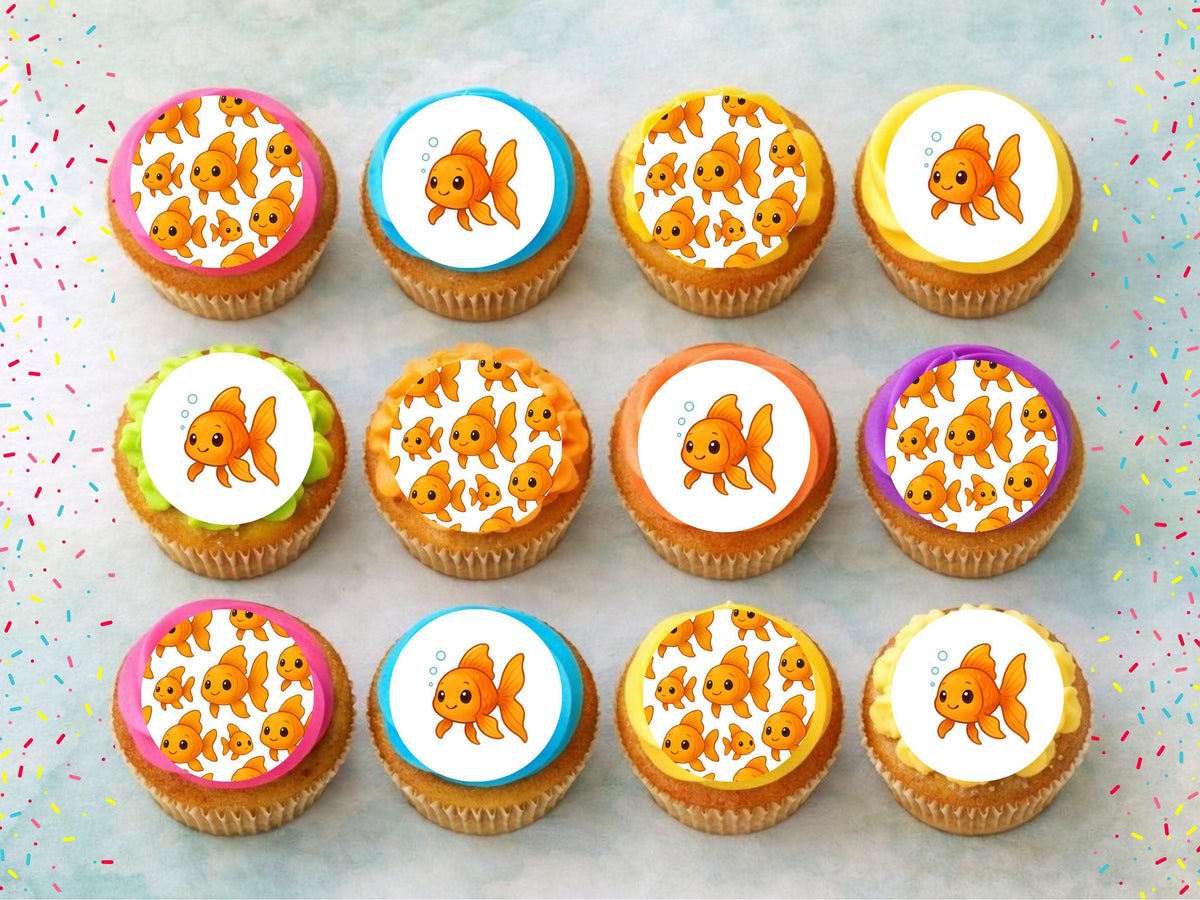 Cute Goldfish Edible Cupcake Toppers 12 x 2" Precut Wafer Paper, Card or Icing Sheet