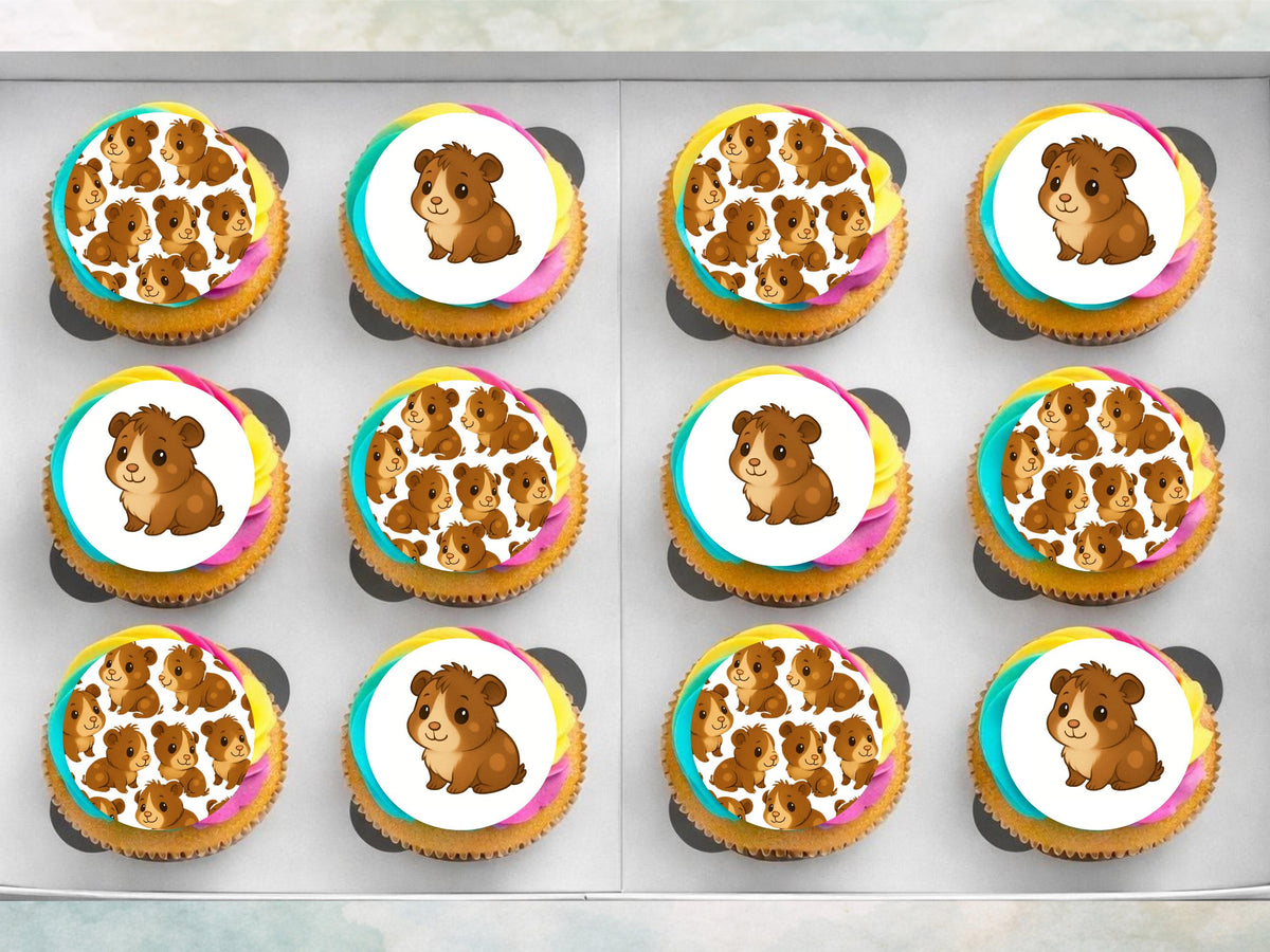 Cute Guinea Pig Edible Cupcake Toppers 12 x 2" Precut Wafer Paper, Card or Icing Sheet