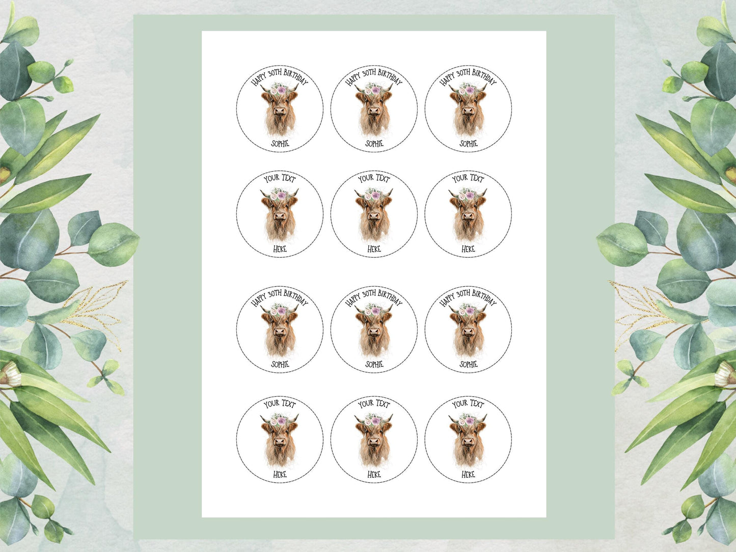 Personalised Highland Cow Cupcake Toppers - Edible Cake Decorations