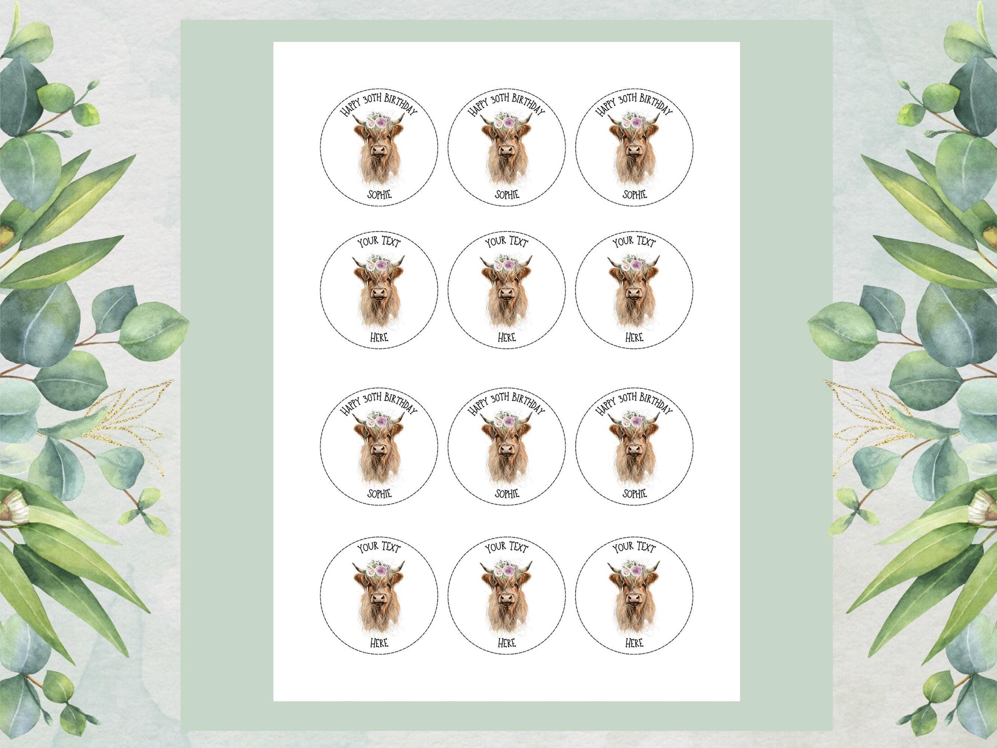 Personalised Highland Cow Cupcake Toppers - Edible Cake Decorations