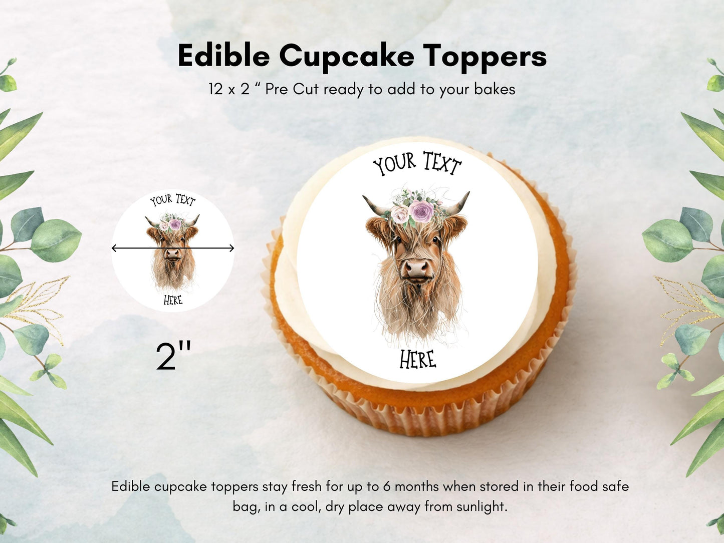 Personalised Highland Cow Cupcake Toppers - Edible Cake Decorations