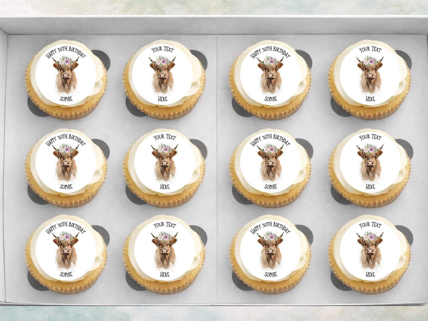 Personalised Highland Cow Cupcake Toppers - Edible Cake Decorations