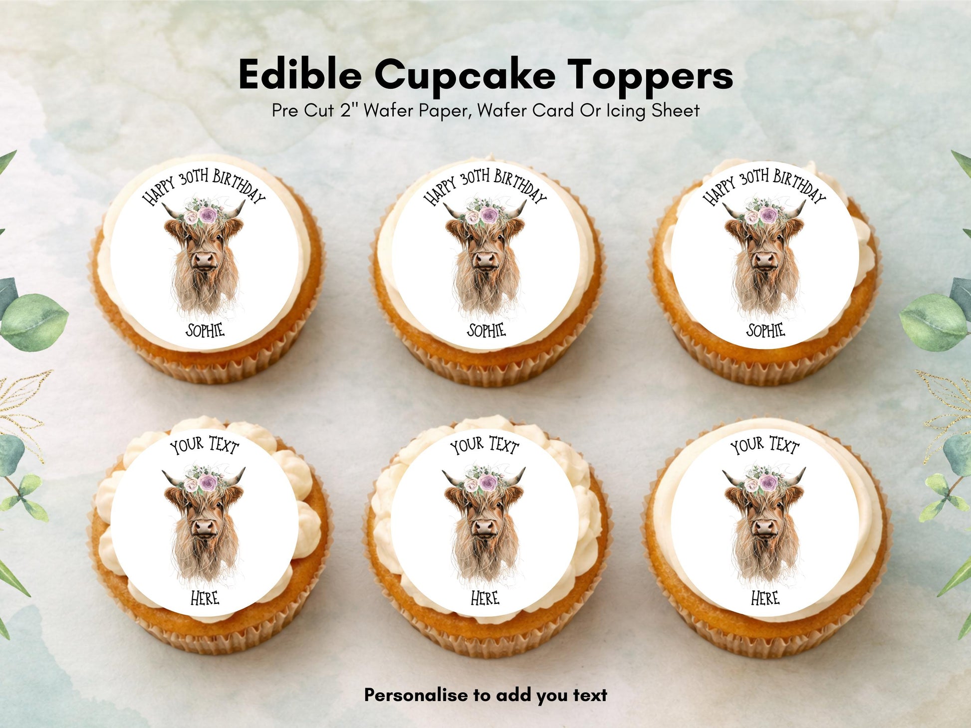 Personalised Highland Cow Cupcake Toppers - Edible Cake Decorations