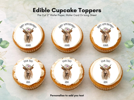 Personalised Highland Cow Cupcake Toppers - Edible Cake Decorations