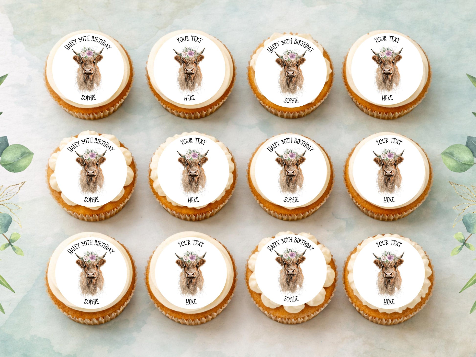 Personalised Highland Cow Cupcake Toppers - Edible Cake Decorations