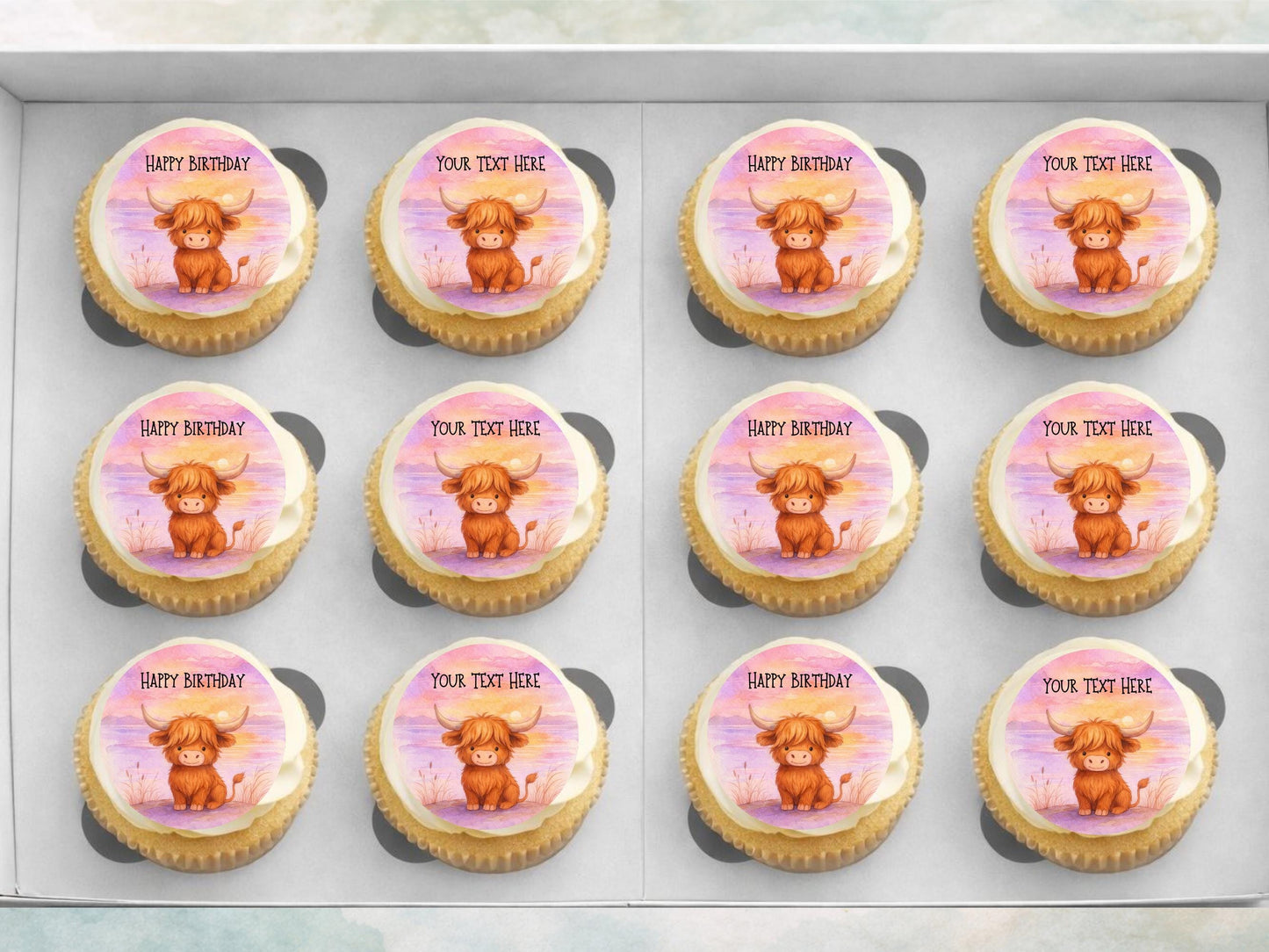 Personalised Highland Cow Cupcake Toppers - Edible Cake Decorations