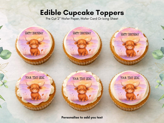Personalised Highland Cow Cupcake Toppers - Edible Cake Decorations (12 x 2")