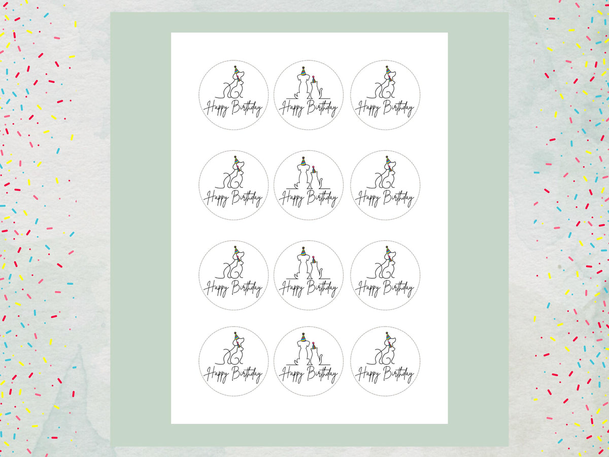 Cat & Dog Happy Birthday Edible Cupcake Toppers, Birthday Cake Decorations