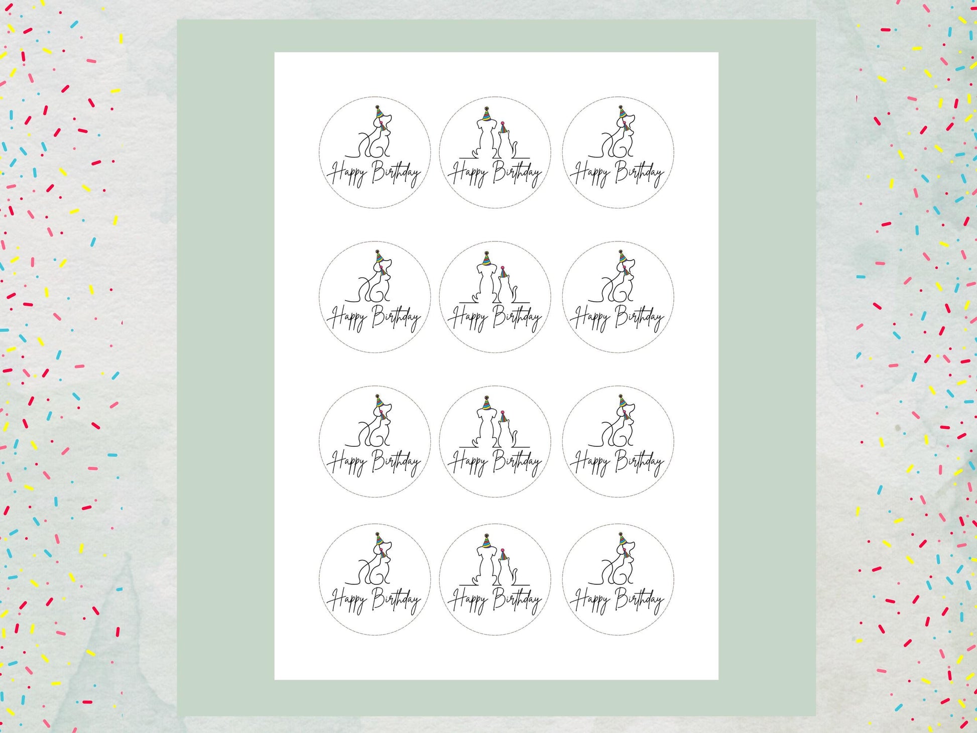 Cat & Dog Happy Birthday Edible Cupcake Toppers, Birthday Cake Decorations