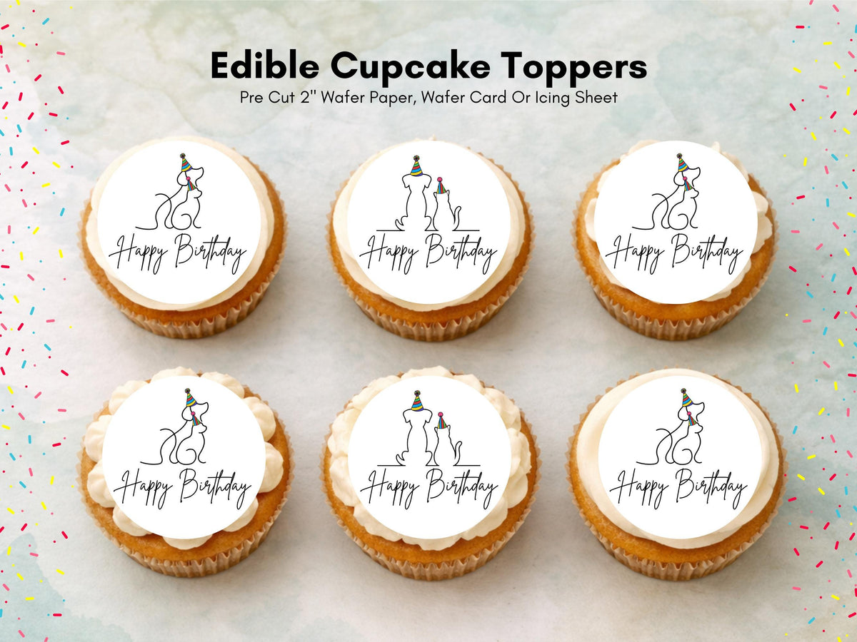 Cat & Dog Happy Birthday Edible Cupcake Toppers, Birthday Cake Decorations