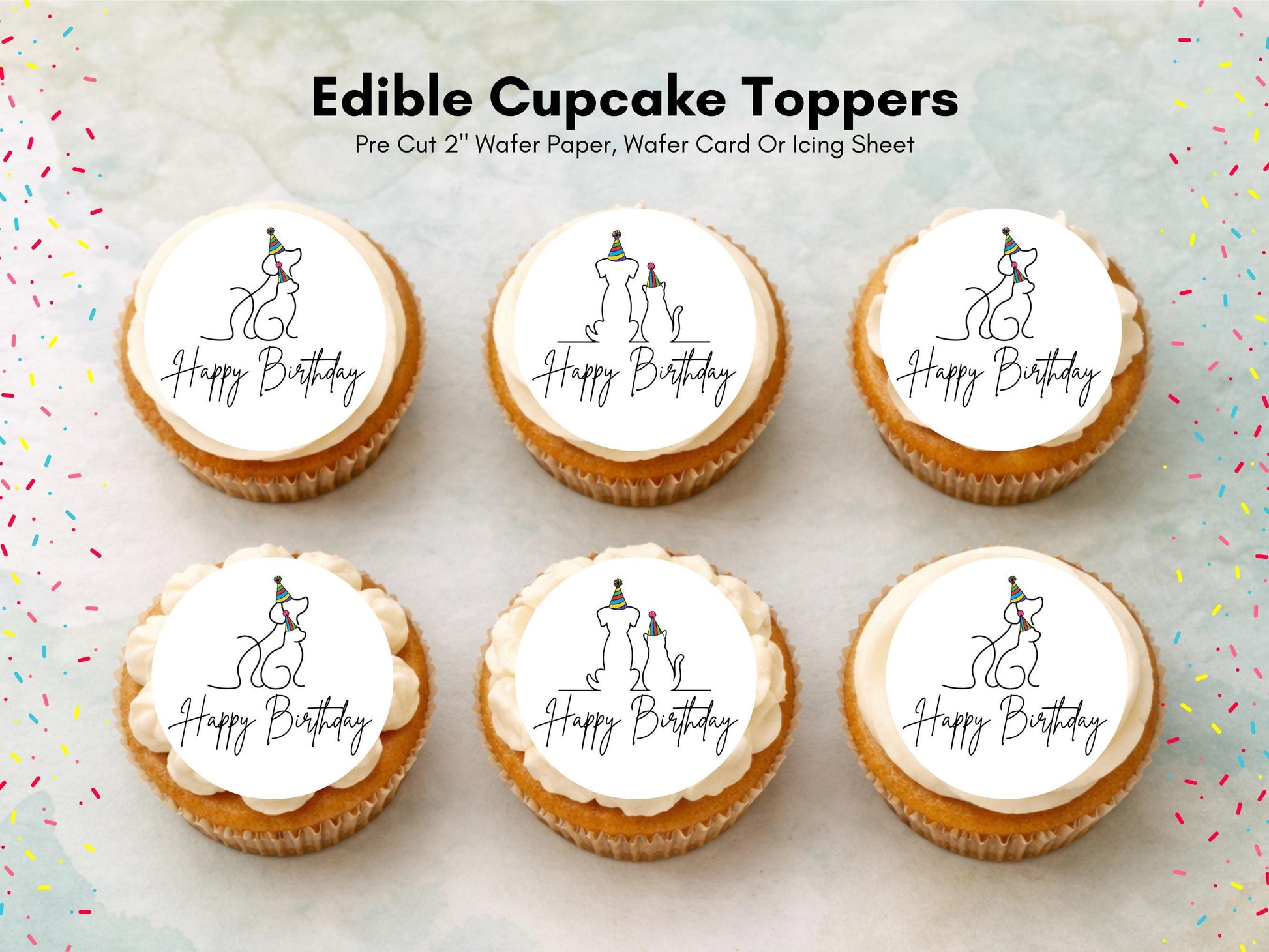 Cat & Dog Happy Birthday Edible Cupcake Toppers, Birthday Cake Decorations
