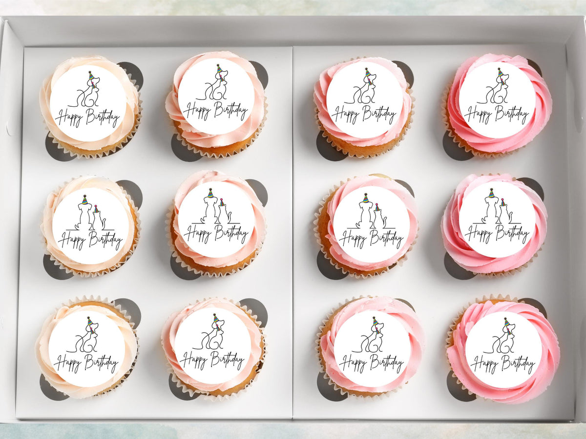 Cat & Dog Happy Birthday Edible Cupcake Toppers, Birthday Cake Decorations