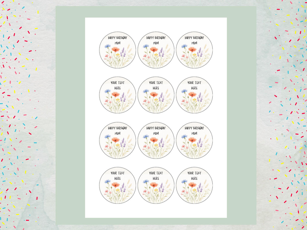 Personalised Happy Birthday Edible Cupcake Toppers - Floral Cake Decorations (12 x 2" Pre-Cut)