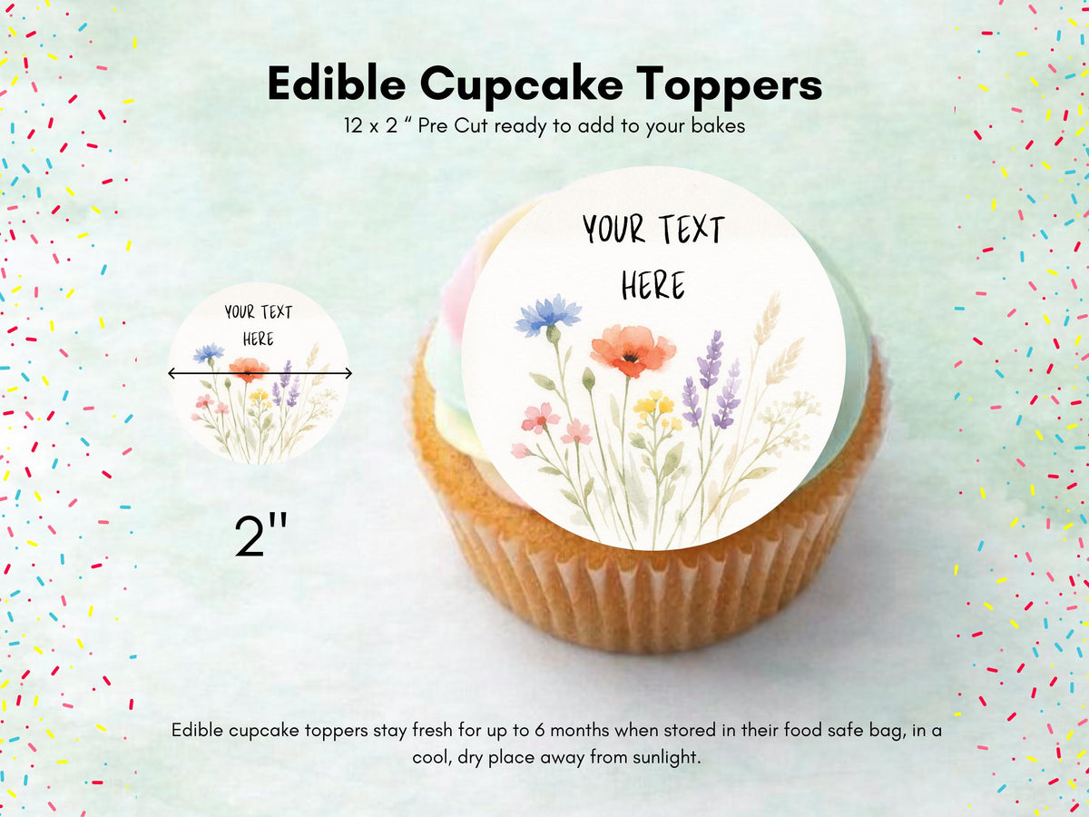 Personalised Happy Birthday Edible Cupcake Toppers - Floral Cake Decorations (12 x 2" Pre-Cut)