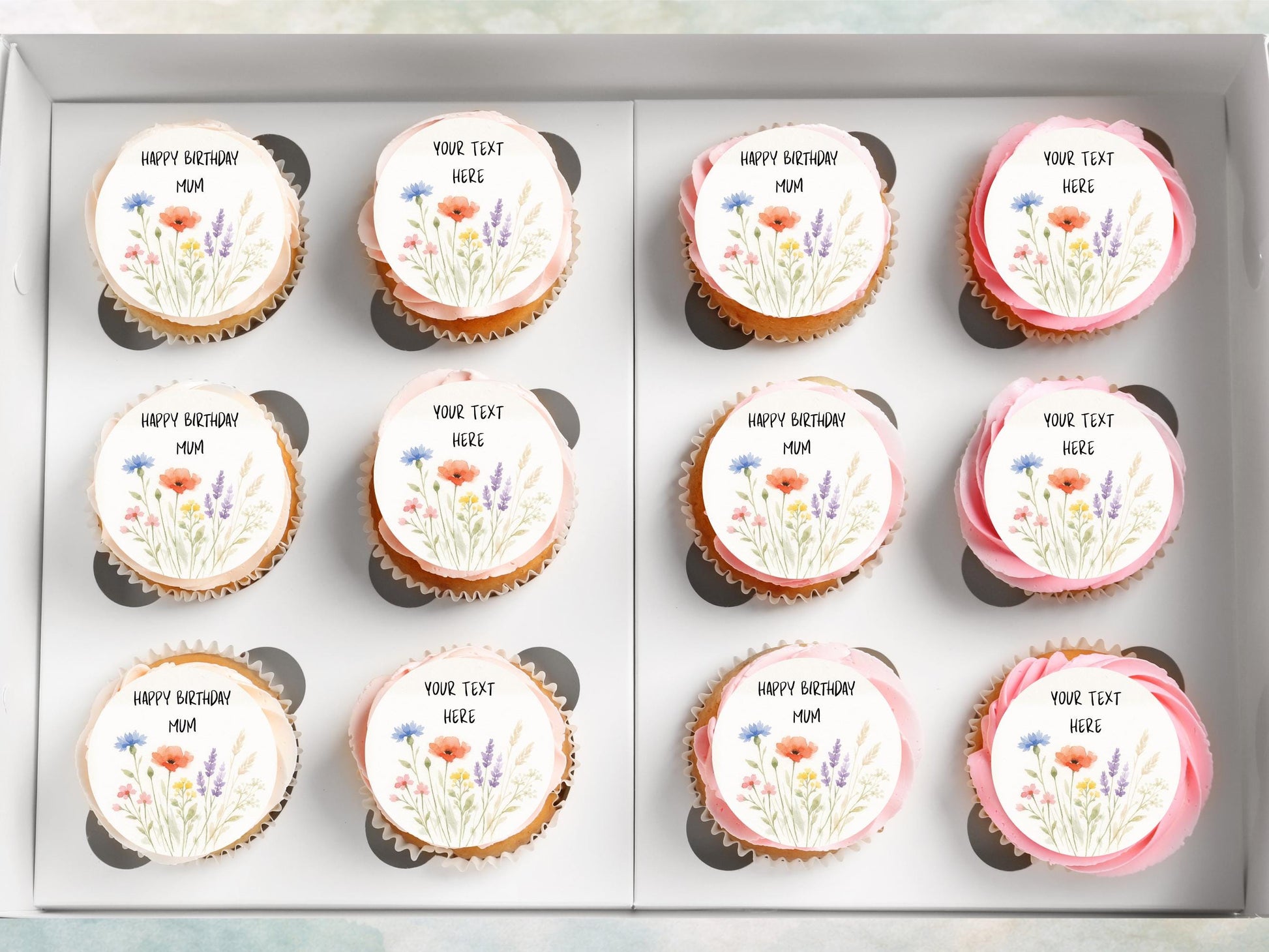 Personalised Happy Birthday Edible Cupcake Toppers - Floral Cake Decorations