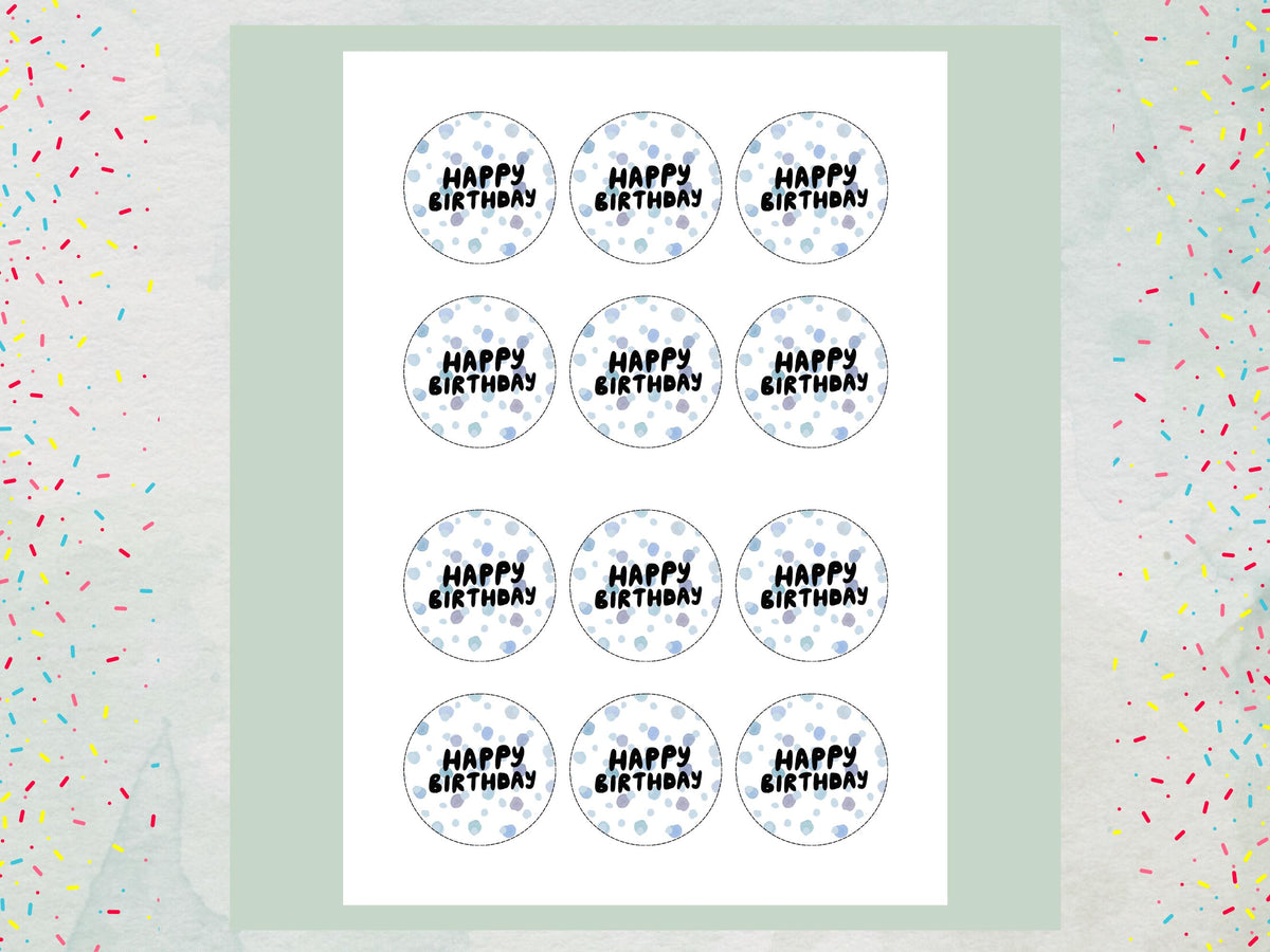 Polka Dot Happy Birthday Edible Cupcake Toppers – Blue Cake Decorations