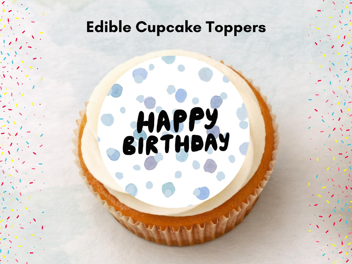 Polka Dot Happy Birthday Edible Cupcake Toppers – Blue Cake Decorations