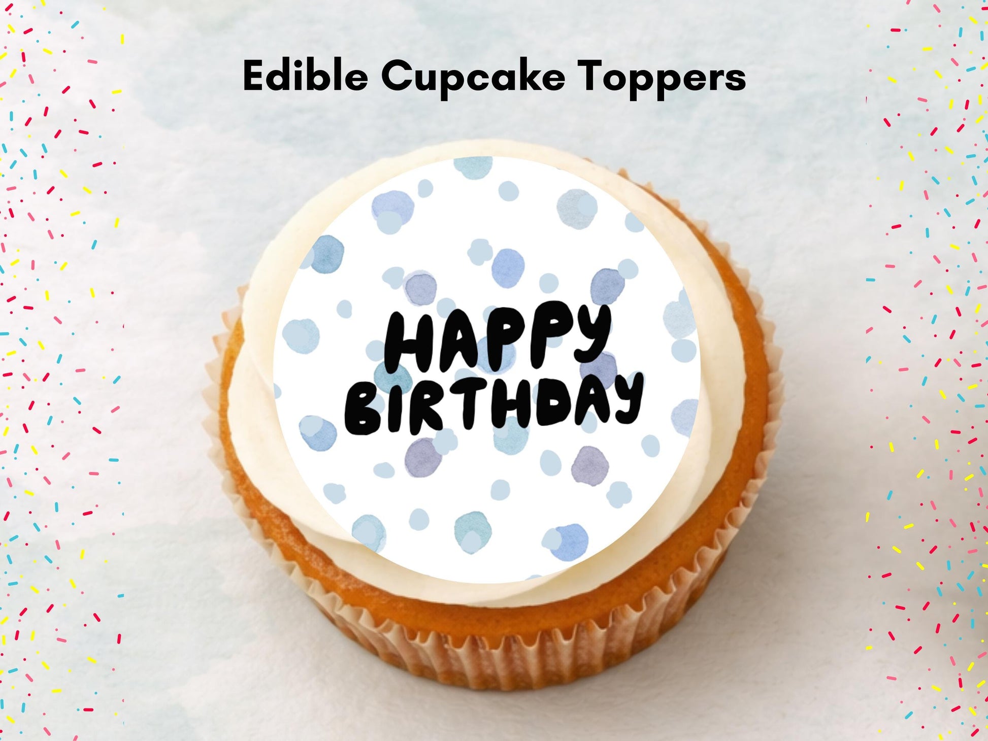 Polka Dot Happy Birthday Edible Cupcake Toppers – Blue Cake Decorations