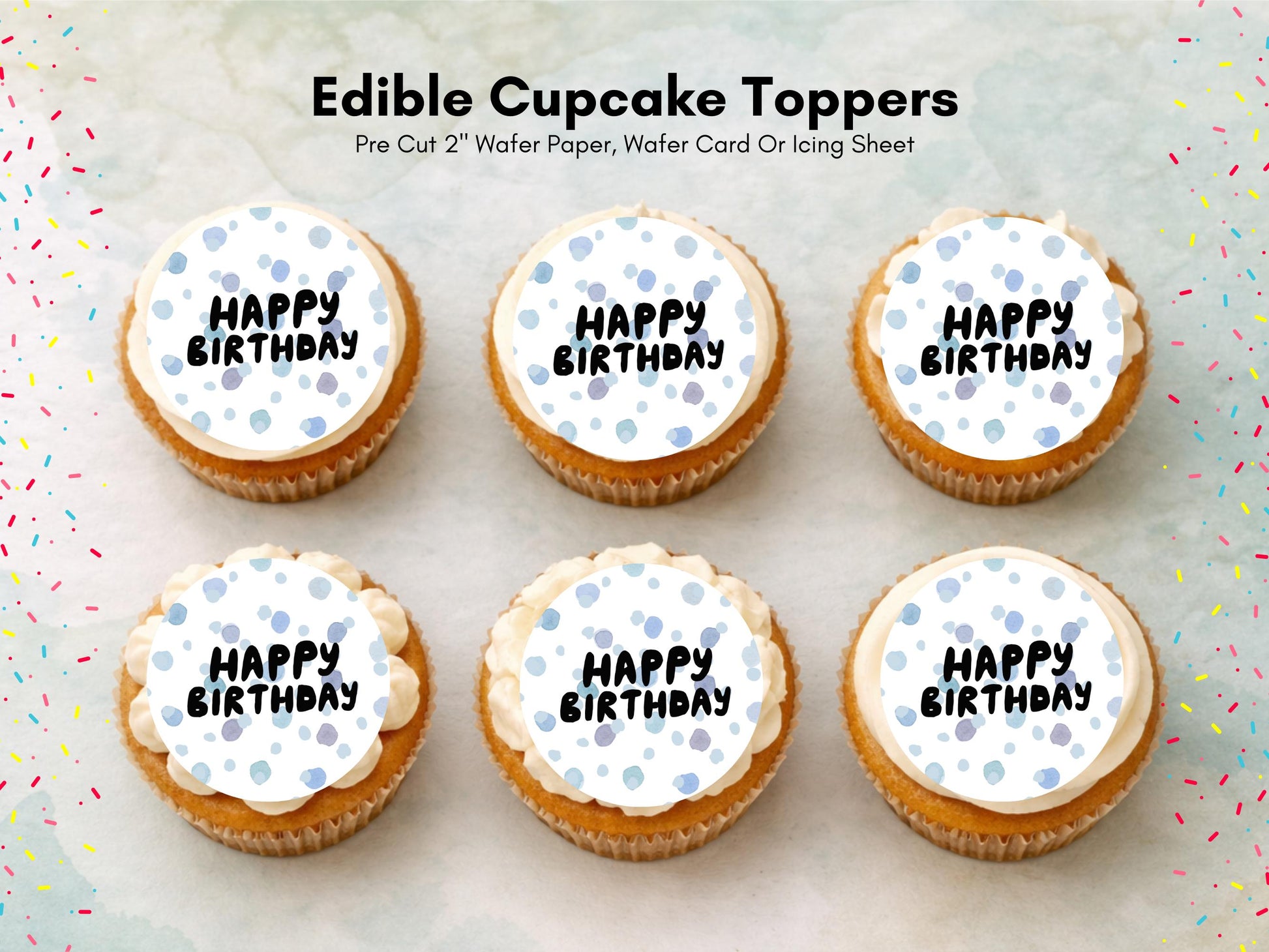 Polka Dot Happy Birthday Edible Cupcake Toppers – Blue Cake Decorations