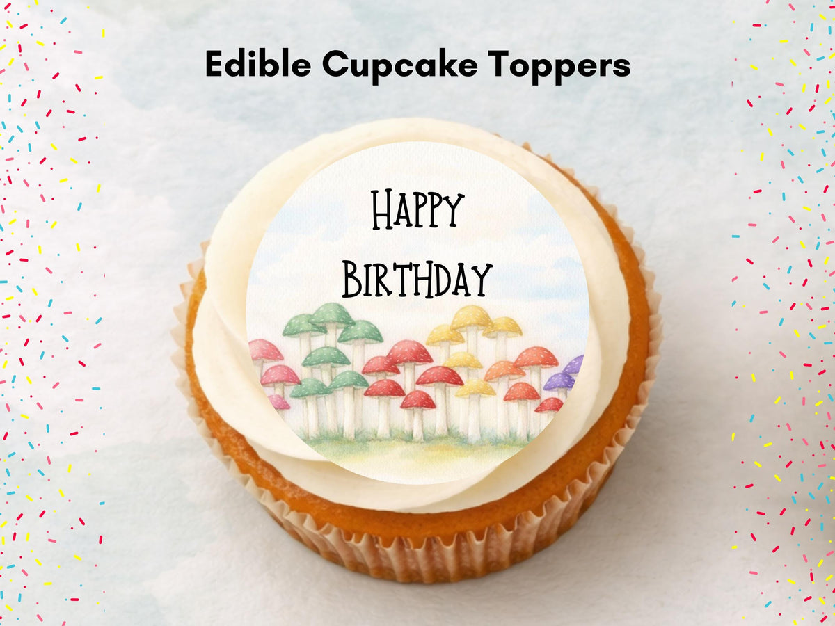 Mushroom Happy Birthday Edible Cupcake Toppers, Birthday Cake Decorations