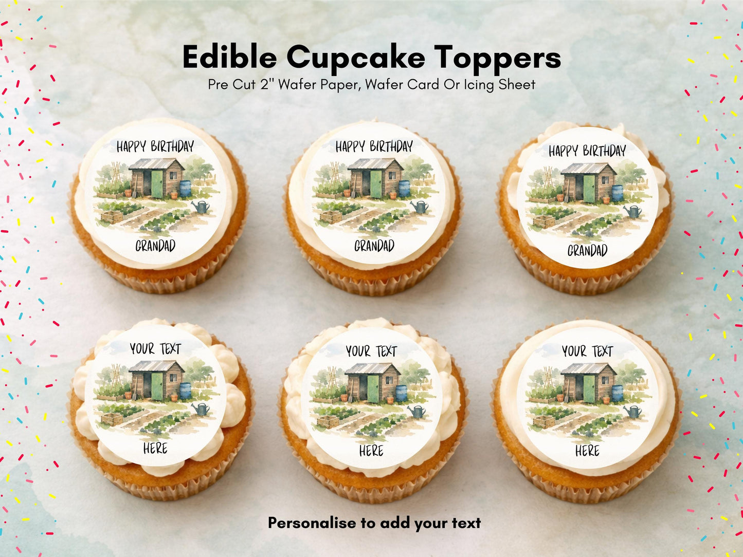 Personalised Allotment Cupcake Toppers - Edible Gardening Cake Decorations