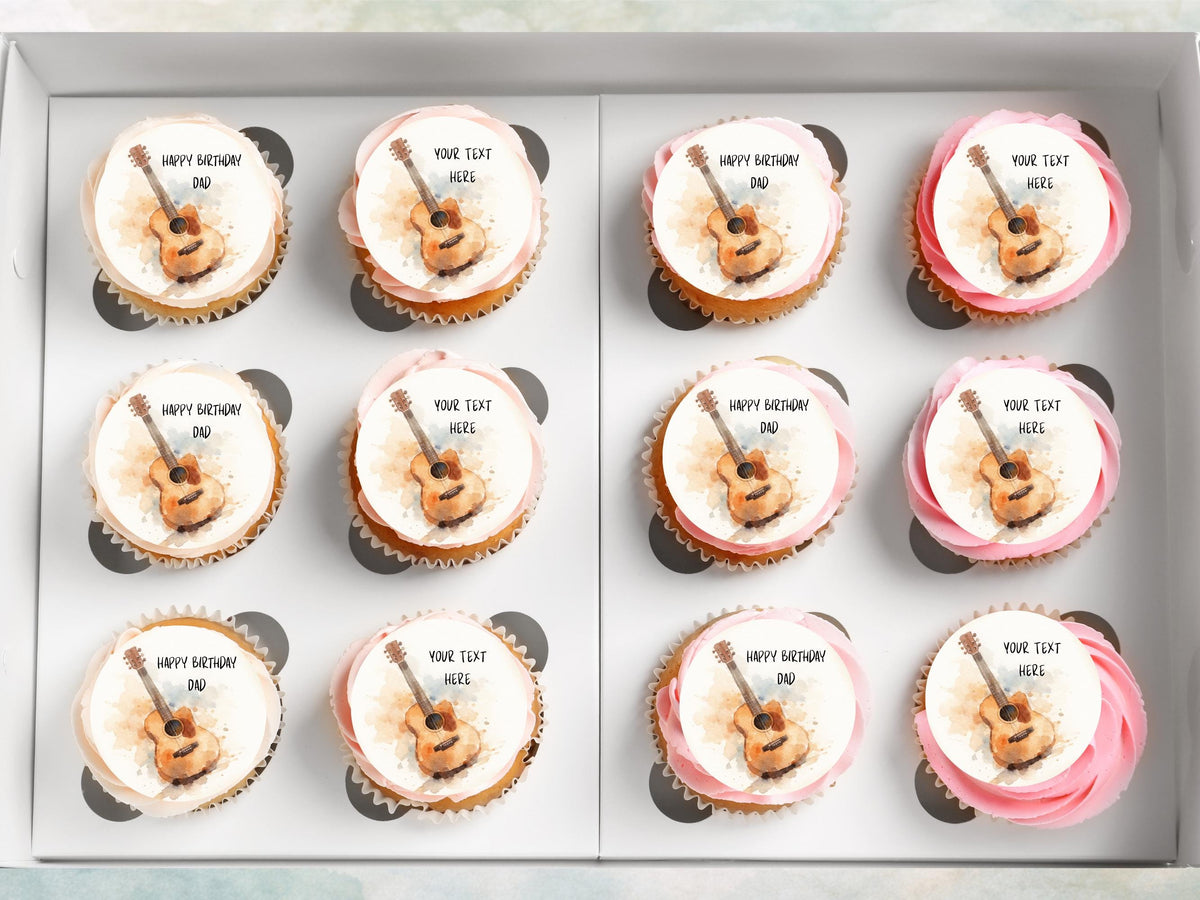 Personalised Guitar Cupcake Toppers - Edible Music Cake Decorations 12 x 2"