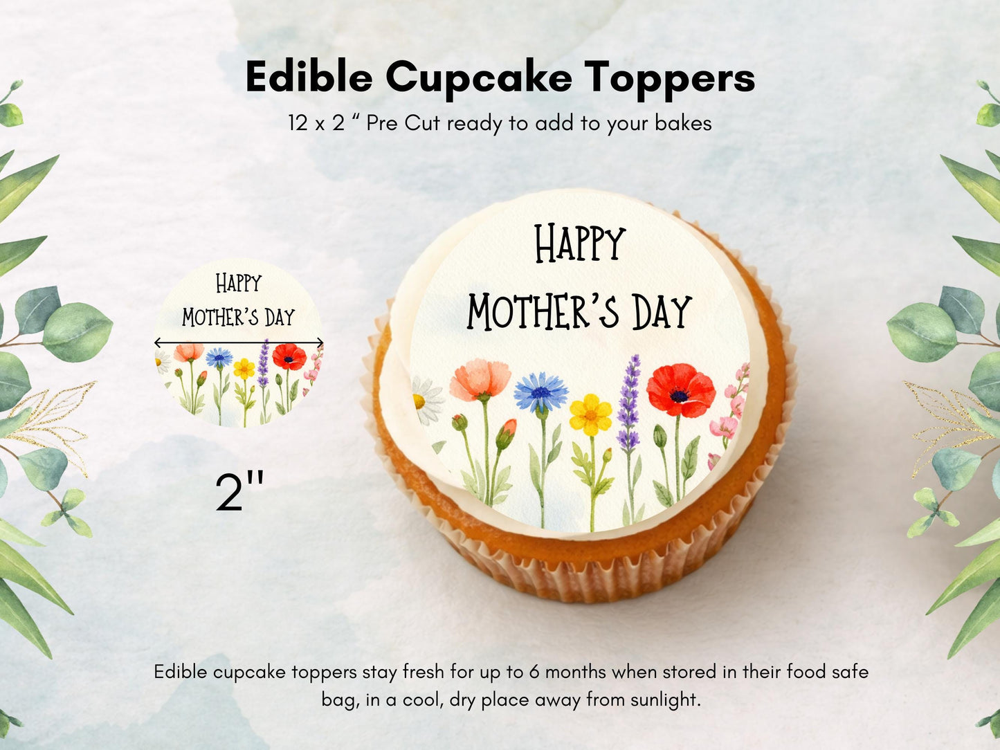 Happy Mother's Day Floral Cupcake Toppers: Edible Wafer Paper Decorations