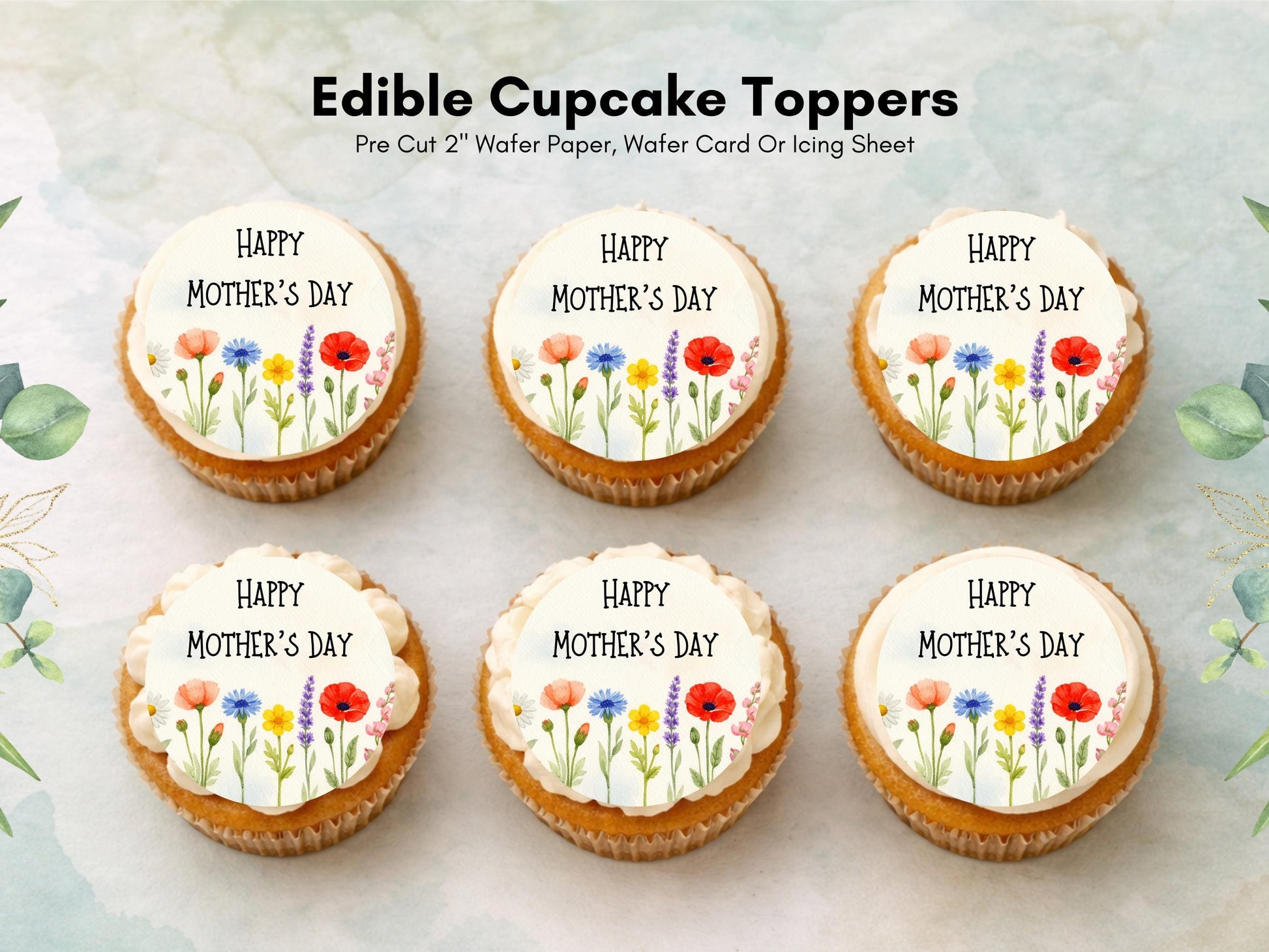 Happy Mother's Day Floral Cupcake Toppers: Edible Wafer Paper Decorations