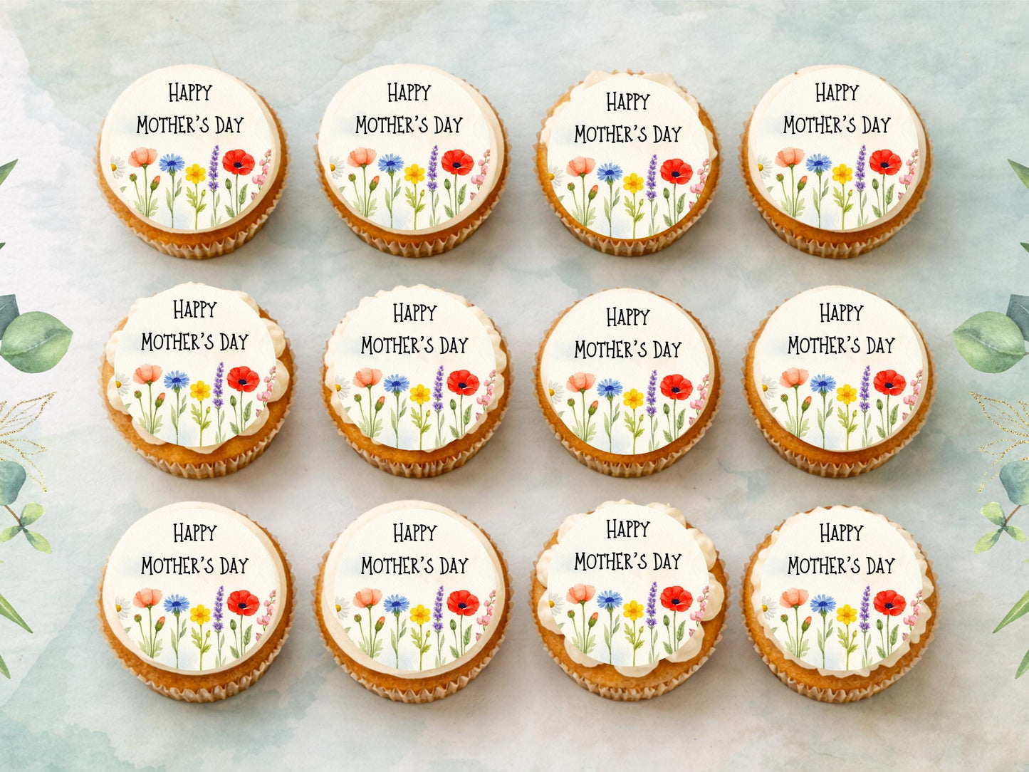 Happy Mother's Day Floral Cupcake Toppers: Edible Wafer Paper Decorations
