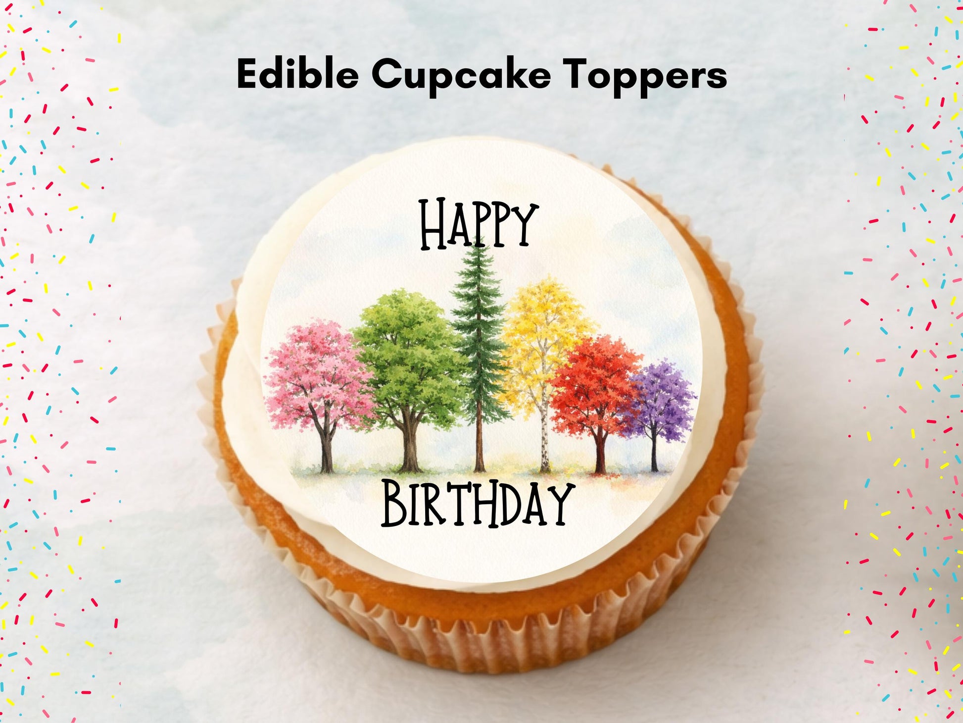 Tree Design Happy Birthday Edible Cupcake Toppers, Birthday Cake Decorations