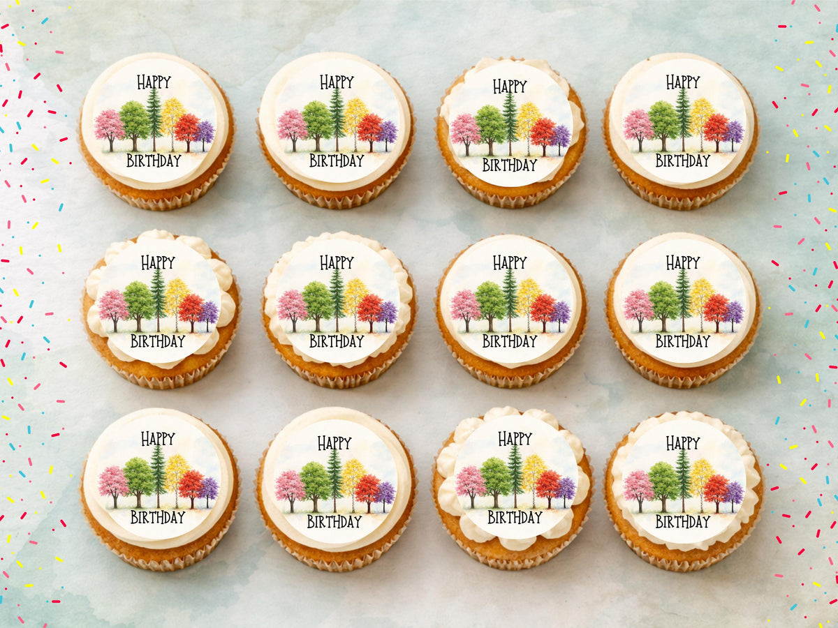 Tree Design Happy Birthday Edible Cupcake Toppers, Birthday Cake Decorations