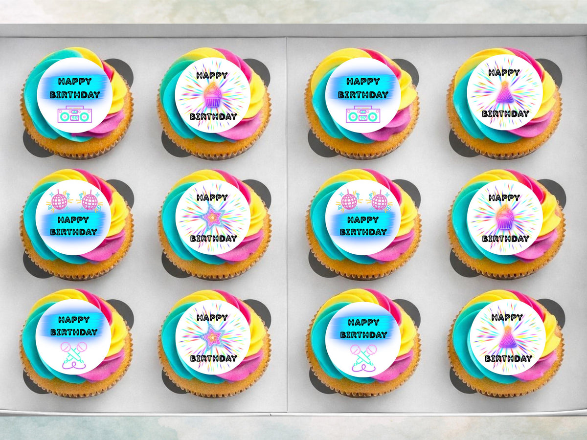 Disco Themed Happy Birthday Edible Cupcake Toppers – Retro Cake Decorations