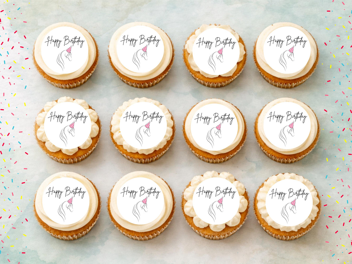 Horse Happy Birthday Edible Cupcake Toppers – 12 x 2" Pony Birthday Cake Decorations