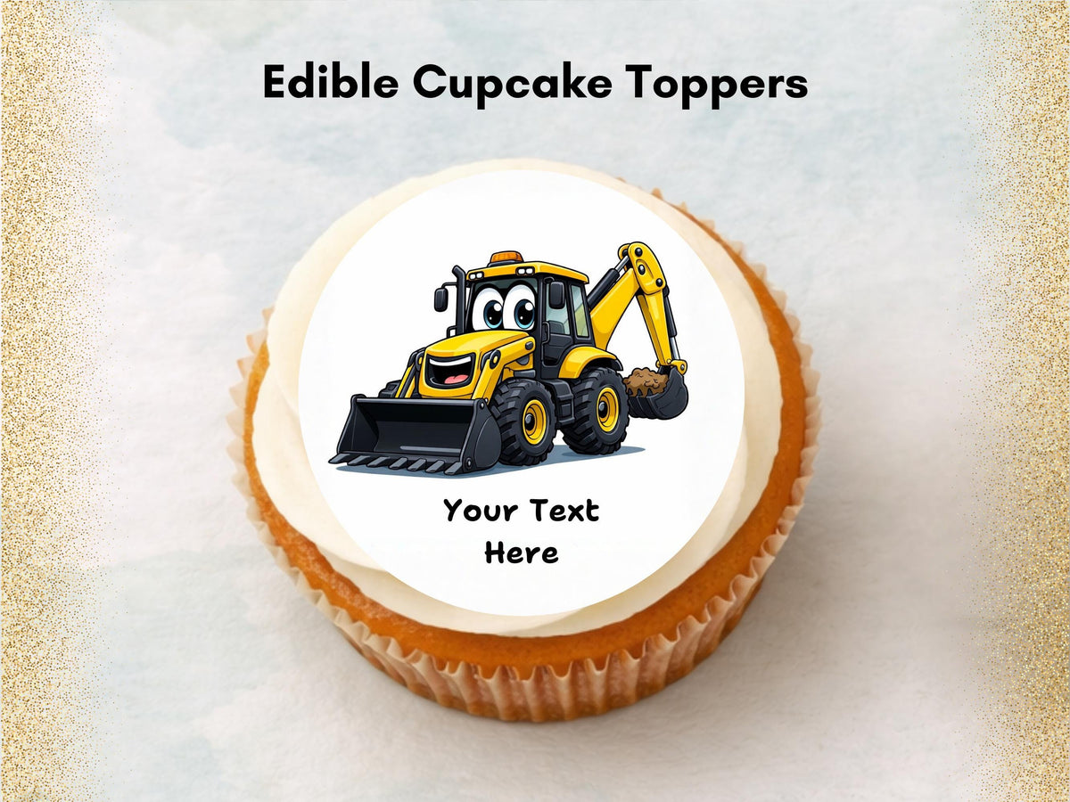 Personalised Digger Edible Cupcake Toppers – Happy Birthday Cake Decoration