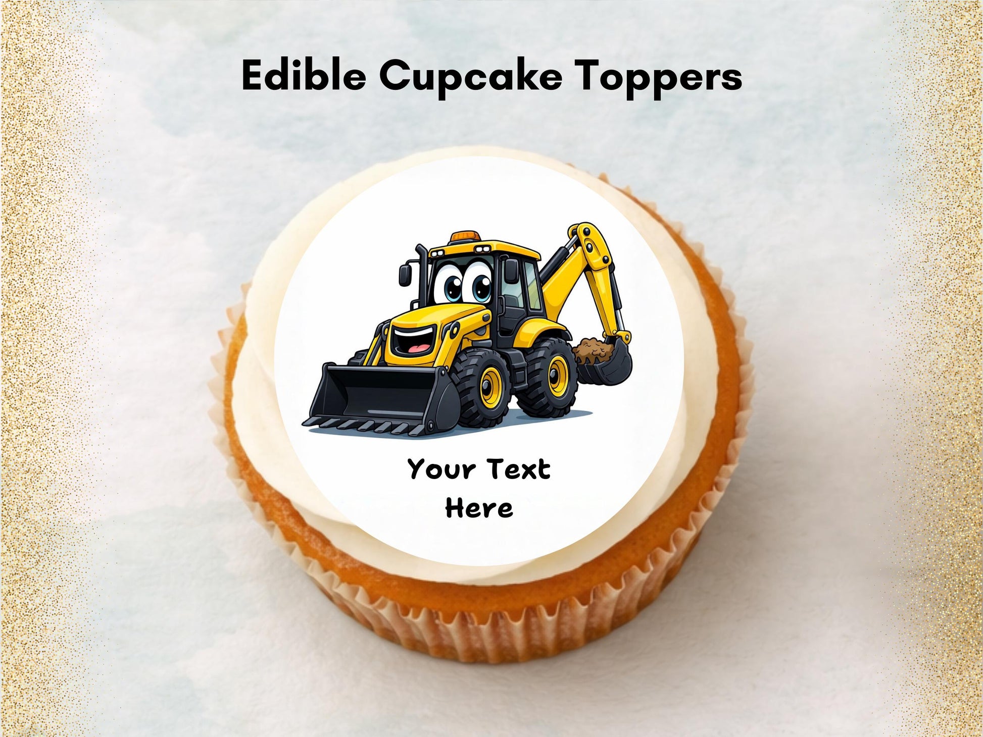 Personalised Digger Edible Cupcake Toppers – Happy Birthday Cake Decoration