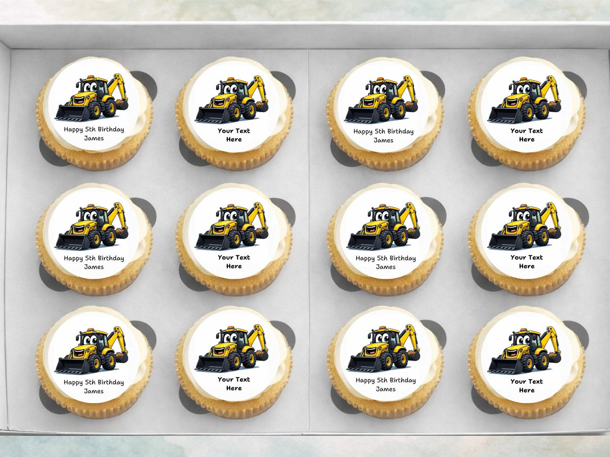 Personalised Digger Edible Cupcake Toppers – Happy Birthday Cake Decoration