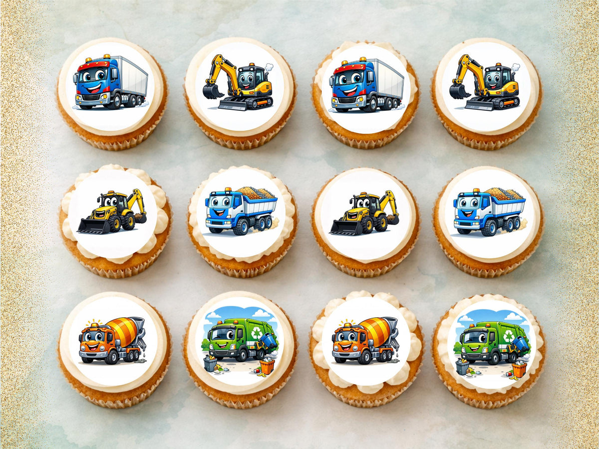 Diggers and Trucks Edible Cupcake Toppers – Excavator and Lorry Cake Decorations