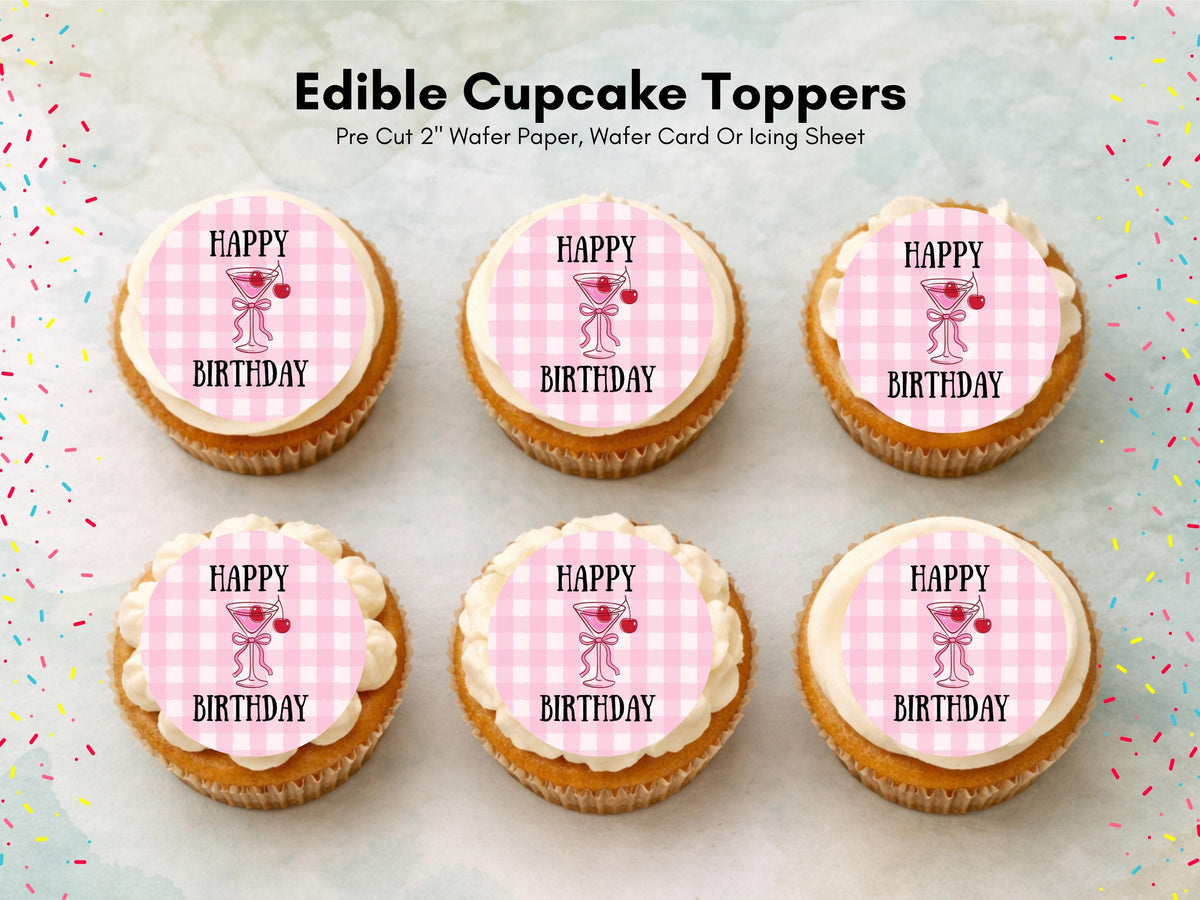 Pink Happy Birthday Edible Cupcake Toppers – Birthday Cake Decorations