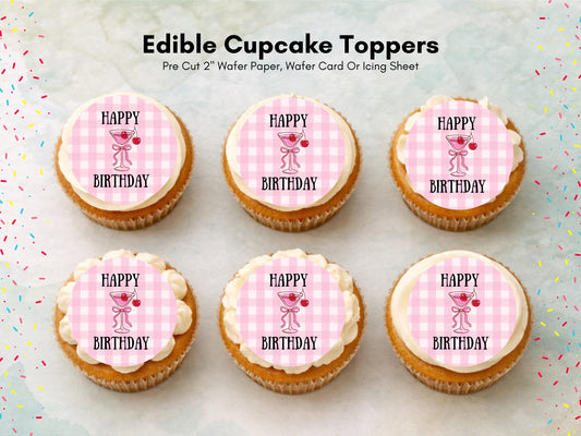 Pink Happy Birthday Edible Cupcake Toppers – Birthday Cake Decorations