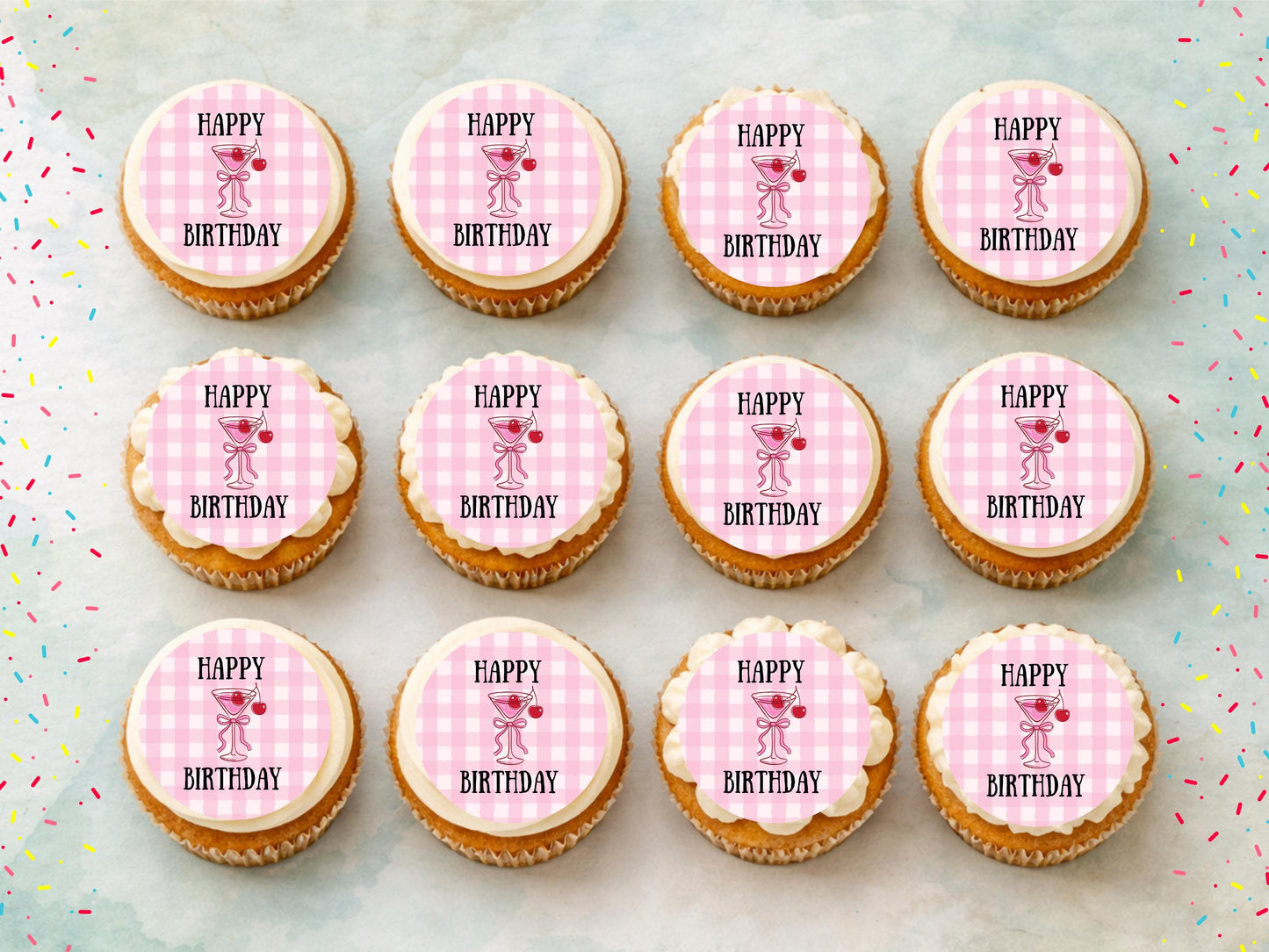 Pink Happy Birthday Edible Cupcake Toppers – Birthday Cake Decorations