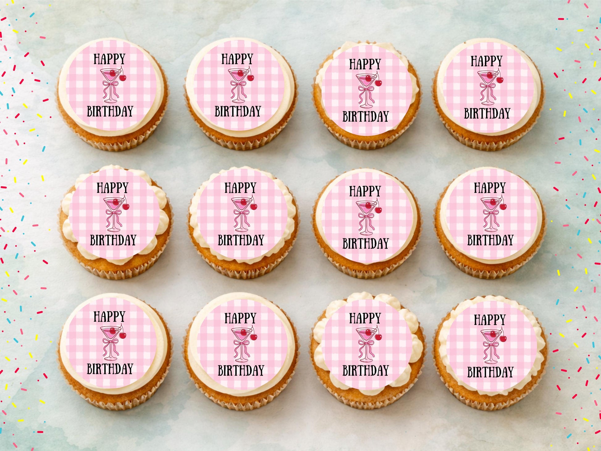 Pink Happy Birthday Edible Cupcake Toppers – Birthday Cake Decorations