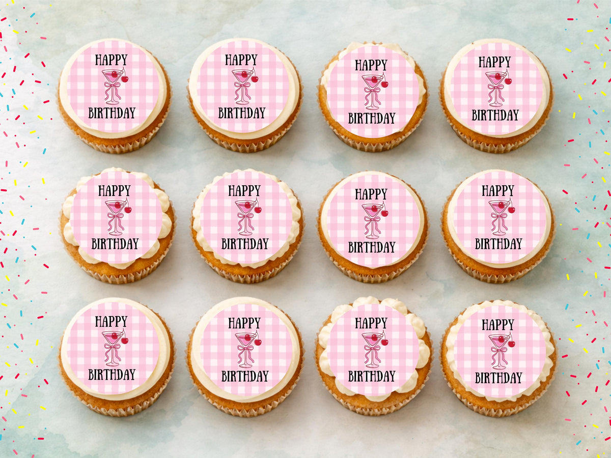 Pink Happy Birthday Edible Cupcake Toppers – Birthday Cake Decorations