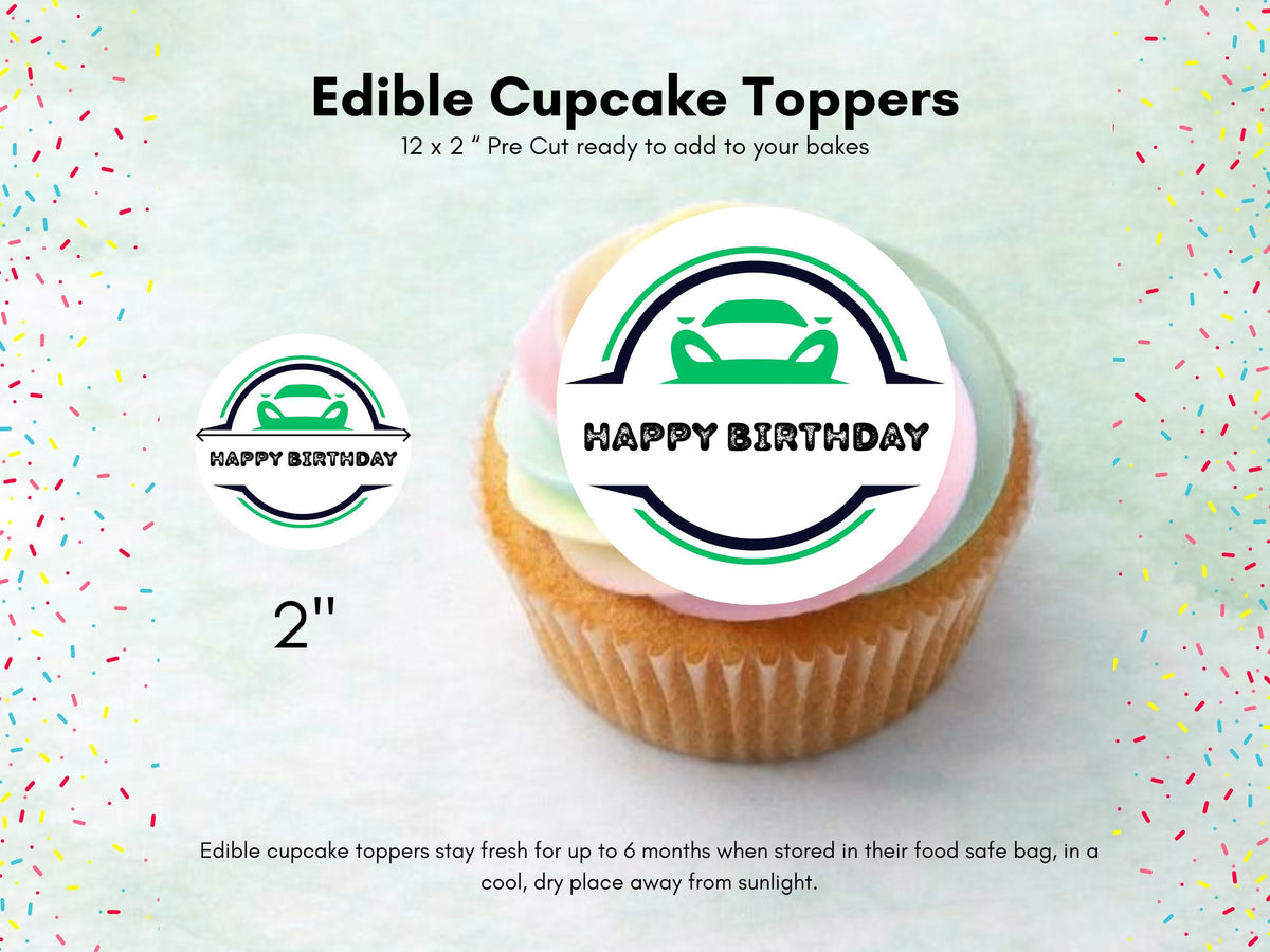 Sports Car Edible Cupcake Toppers – 12 x 2" Car Cake Topper