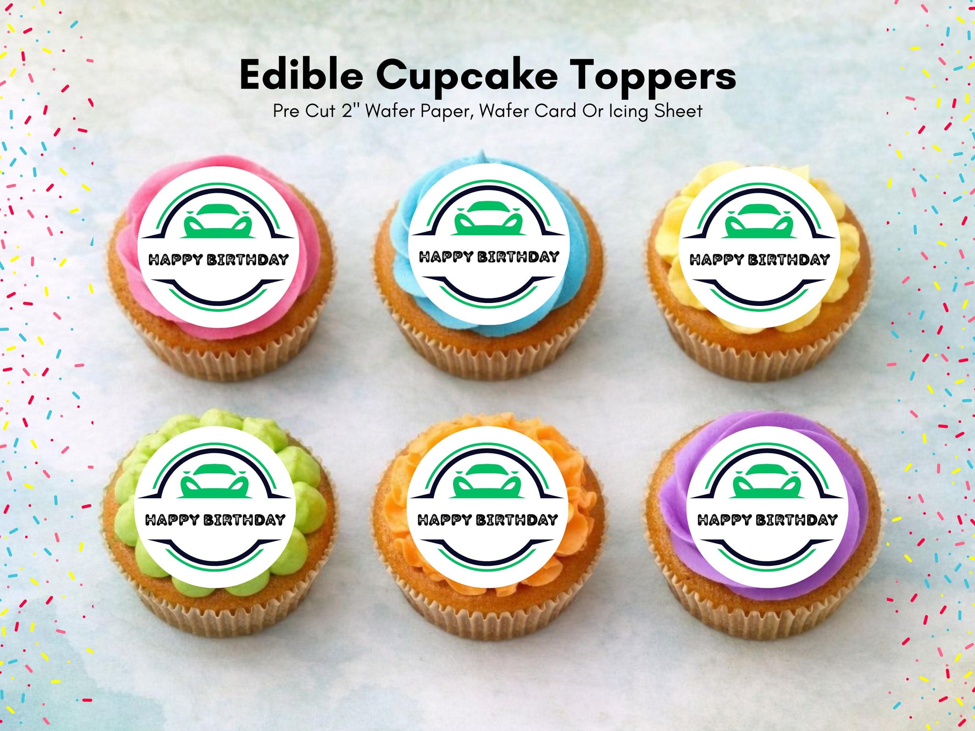 Sports Car Edible Cupcake Toppers – 12 x 2" Car Cake Topper