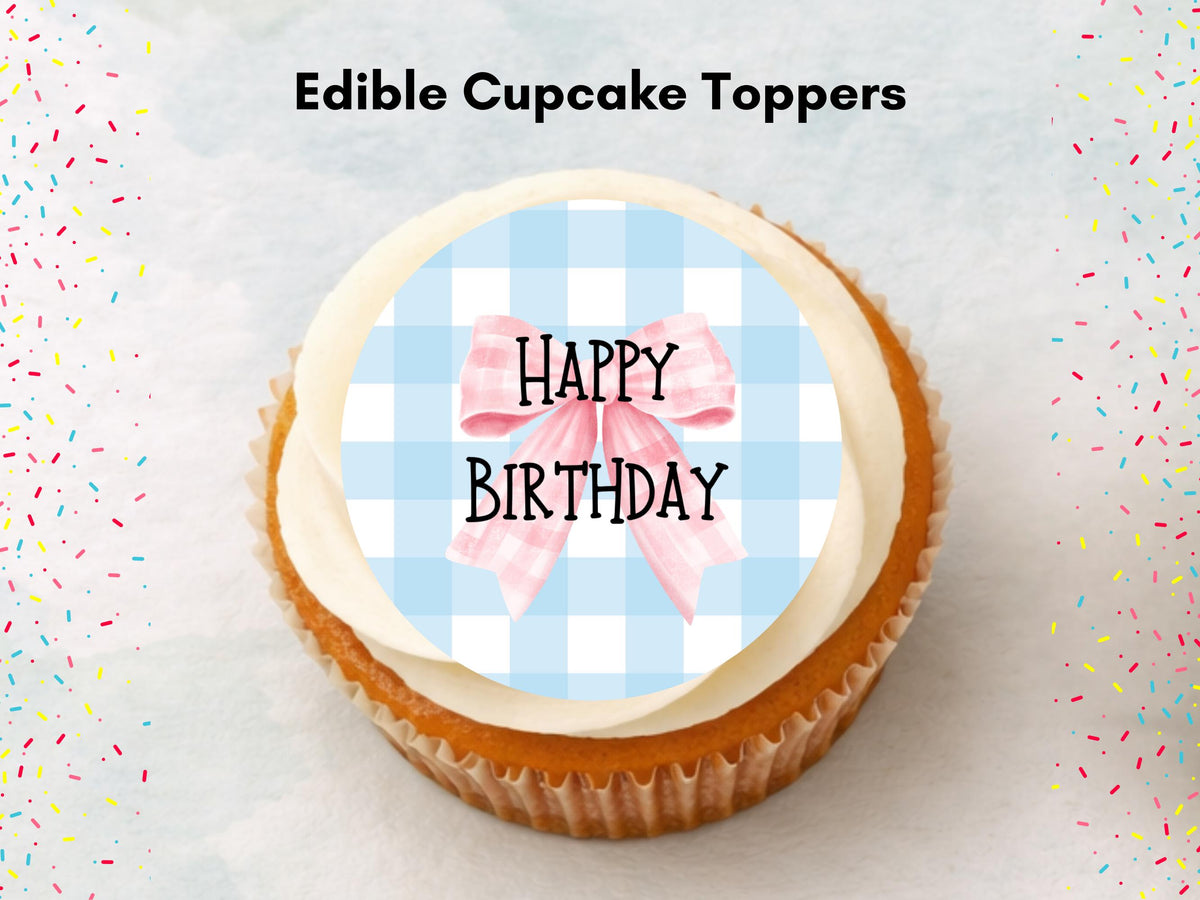 Blue and Pink Happy Birthday Edible Cupcake Toppers – Birthday Cake Decorations