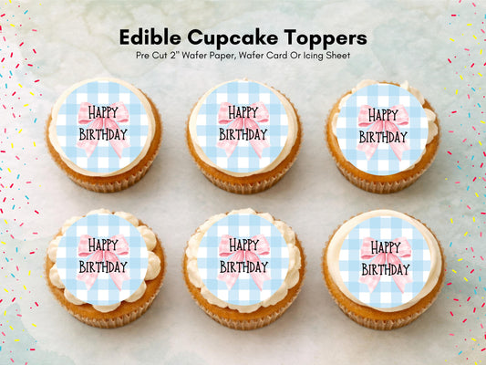 Blue and Pink Happy Birthday Edible Cupcake Toppers – Birthday Cake Decorations