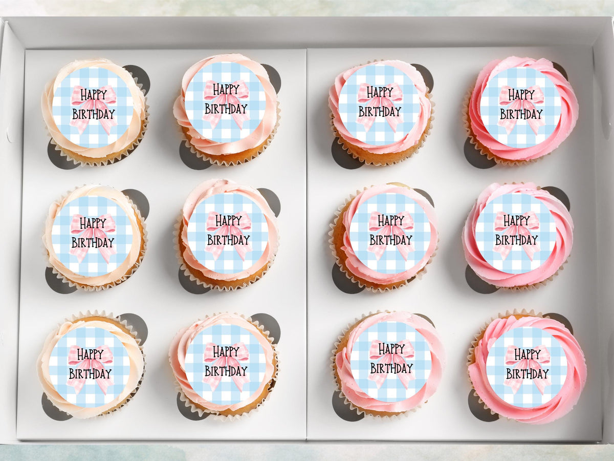 Blue and Pink Happy Birthday Edible Cupcake Toppers – Birthday Cake Decorations